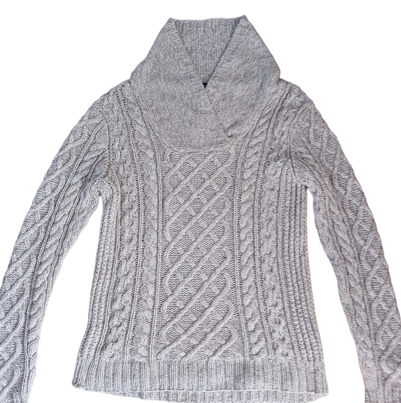 Silk & Cashmere Shawl Neck Fisherman's Cable Knit Sweater Beige Women's Medium - Picture 2 of 10